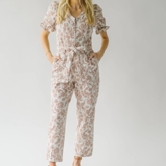 Piper & Scoot Pants - The Roxand Puff Sleeve Jumpsuit in Ivory + Pink